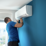 Man checking AC because is blowing warm air