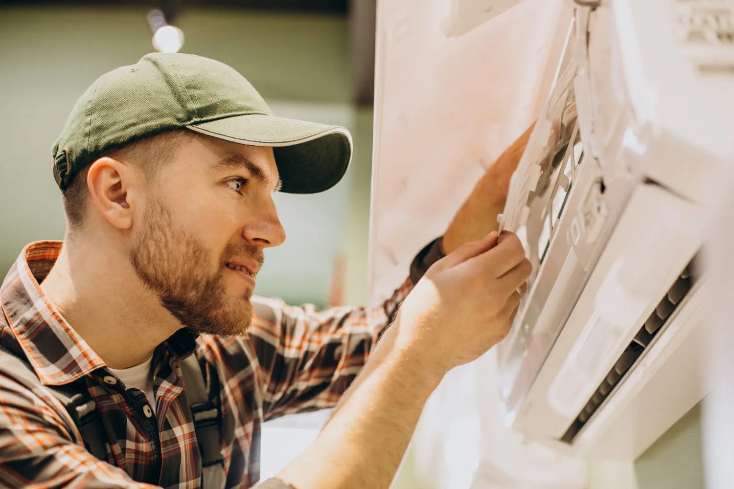 Man inspecting an air-conditioning unit. Featured image for “Reasons Why You Should Schedule Your HVAC Tune-Up Before Winter”