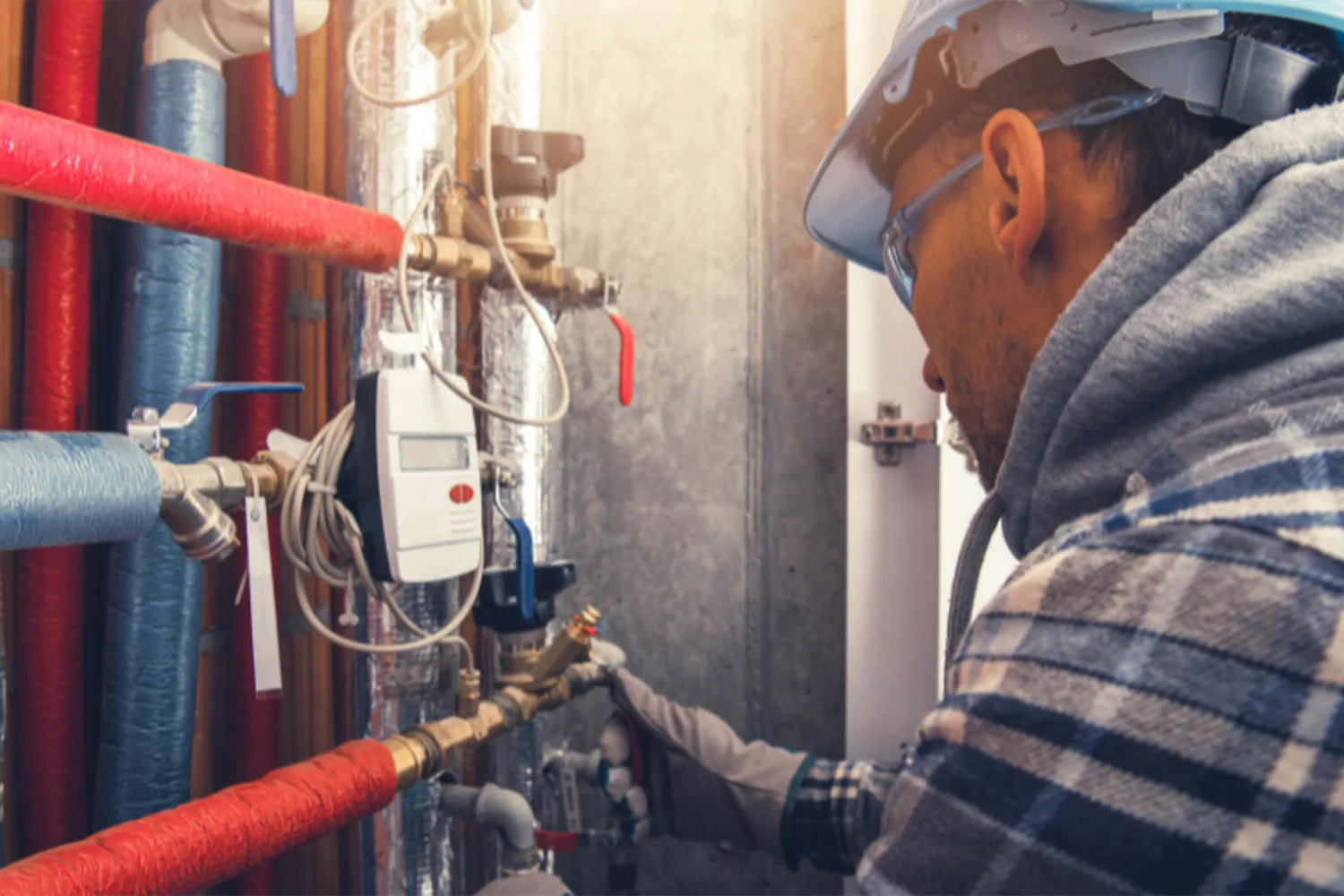 Man inspecting and troubleshooting HVAC pipes. Featured Image for “HVAC Blowing Cold Air In Winter: Tips and Tricks"